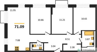 Планировка трехкомнатной(квартира) площадью 71.09 квадратных метров в “ЖК Новое Внуково”