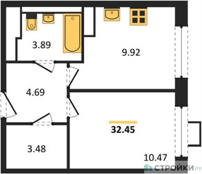 Планировка однокомнатной(квартира) площадью 32.45 квадратных метров в ЖК “ЖК Прибрежный Парк”