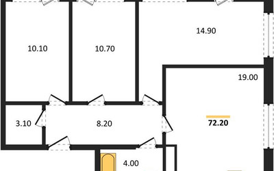 Планировка трехкомнатной(квартира) площадью 72.2 квадратных метров в ЖК “ЖК Южная Долина”