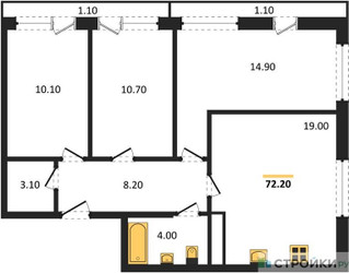 Планировка трехкомнатной(квартира) площадью 72.2 квадратных метров в ЖК “ЖК Южная Долина”