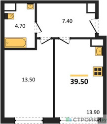 Планировка однокомнатной(квартира) площадью 39.5 квадратных метров в ЖК “ЖК Сиреневый парк”