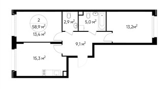 Планировка двухкомнатной(квартира) площадью 58.9 квадратных метров в “ЖК Переделкино Ближнее”