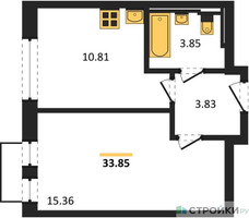 Планировка однокомнатной(квартира) площадью 33.85 квадратных метров в “ЖК Рублевский Квартал”