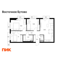 Планировка трехкомнатной(квартира) площадью 68.8 квадратных метров в ЖК “ЖК Восточное Бутово”