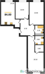 Планировка трехкомнатной(квартира) площадью 84 квадратных метров в ЖК “ЖК Детали”