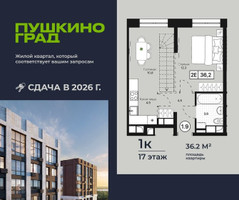 Планировка однокомнатной(квартира) площадью 36.2 квадратных метров в “ЖК Пушкино Град”