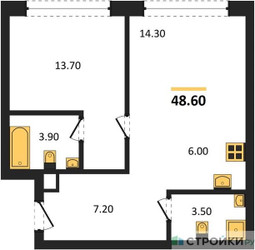 Планировка однокомнатной(квартира) площадью 48.6 квадратных метров в ЖК “ЖК НАЗАРÉ (Мангазея в Богородском)”