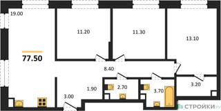 Планировка трехкомнатной(квартира) площадью 77.5 квадратных метров в “ЖК Шагал”