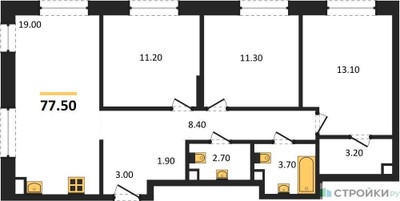 Планировка трехкомнатной(квартира) площадью 77.5 квадратных метров в ЖК “ЖК Шагал”