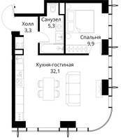 Планировка однокомнатной(квартира) площадью 50.6 квадратных метров в “ЖК Сити Бэй”