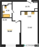Планировка однокомнатной(квартира) площадью 50.44 квадратных метров в “ЖК Sky Sputnik (Скай Спутник)”