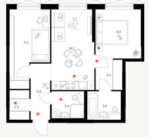 Планировка двухкомнатной(квартира) площадью 51.9 квадратных метров в “ЖК Плеханова 11”