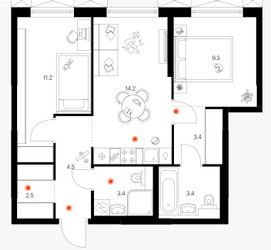 Планировка двухкомнатной(квартира) площадью 57 квадратных метров в ЖК “ЖК Плеханова 11”