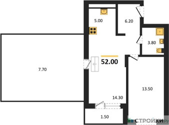 Планировка однокомнатной(апартаменты) площадью 52 квадратных метров в ЖК “ЖК Равновесие”