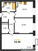 Планировка двухкомнатной(квартира) площадью 53.4 квадратных метров в “ЖК Пятницкие луга”