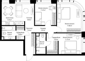 Планировка трехкомнатной(квартира) площадью 84.73 квадратных метров в “ЖК Веер”