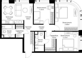 Планировка трехкомнатной(квартира) площадью 84.73 квадратных метров в ЖК “ЖК Веер”