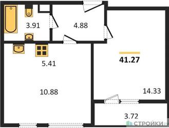Планировка однокомнатной(квартира) площадью 41.27 квадратных метров в ЖК “Жилые кварталы Новое Пушкино”