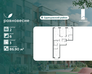 Планировка трехкомнатной(квартира) площадью 86.9 квадратных метров в ЖК “ЖК Равновесие”