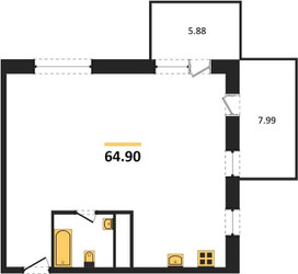 Планировка однокомнатной(апартаменты) площадью 64.9 квадратных метров в ЖК “ЖК ФизтехСити”