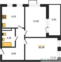 Планировка двухкомнатной(квартира) площадью 52.1 квадратных метров в “ЖК Скандинавия”