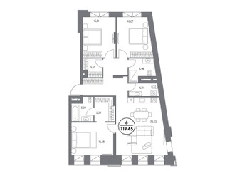 Планировка трехкомнатной(квартира) площадью 119.7 квадратных метров в ЖК “ЖК Клубный дом КОСМО 4/22”