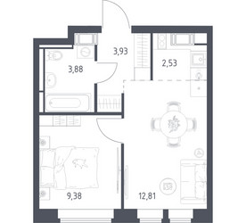 Планировка однокомнатной(квартира) площадью 32.53 квадратных метров в ЖК “ЖК Большое Путилково”