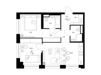Планировка двухкомнатной(квартира) площадью 52.5 квадратных метров в ЖК “Нарвин”