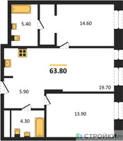 Планировка двухкомнатной(квартира) площадью 63.8 квадратных метров в “ЖК Первый Московский”