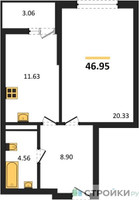 Планировка однокомнатной(квартира) площадью 46.95 квадратных метров в “ЖК Riga Hills (Рига Хиллс)”