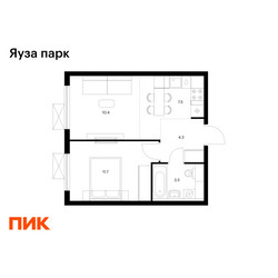 Планировка однокомнатной(квартира) площадью 37.4 квадратных метров в ЖК “ЖК Яуза Парк (Мытищи)”