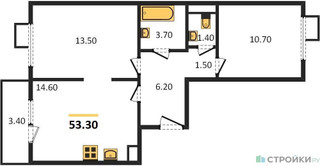 Планировка двухкомнатной(квартира) площадью 53.3 квадратных метров в “ЖК ЮЖНАЯ БИТЦА”