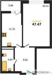 Планировка однокомнатной(квартира) площадью 47.47 квадратных метров в ЖК “ЖК Riga Hills (Рига Хиллс)”