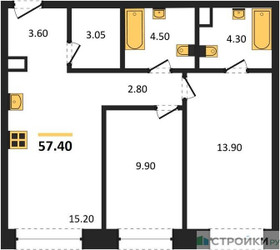 Планировка двухкомнатной(квартира) площадью 57.4 квадратных метров в ЖК “ЖК Voice Towers (Войс Тауэрс)”