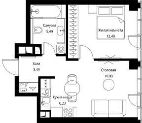Планировка однокомнатной(квартира) площадью 38.59 квадратных метров в ЖК “ЖК Сити Бэй”