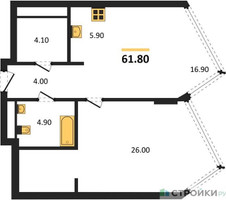 Планировка однокомнатной(квартира) площадью 61.8 квадратных метров в “ЖК Монблан”