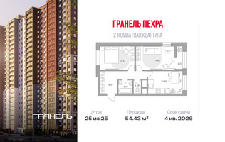 Планировка двухкомнатной(квартира) площадью 54.43 квадратных метров в “ЖК Пехра”