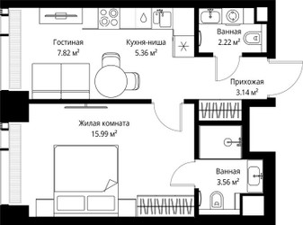 Планировка однокомнатной(квартира) площадью 38.09 квадратных метров в ЖК “ЖК Веер”