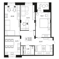 Планировка трехкомнатной(квартира) площадью 93.7 квадратных метров в ЖК “ЖК Времена года”