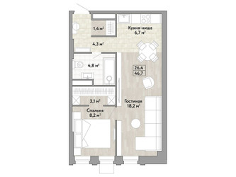Планировка однокомнатной(квартира) площадью 46.7 квадратных метров в ЖК “ЖК Новые смыслы”