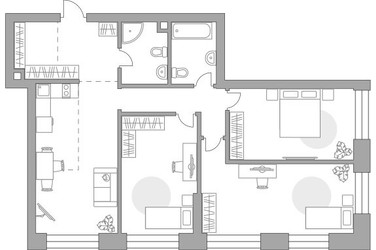 Планировка трехкомнатной(квартира) площадью 89.64 квадратных метров в ЖК “ЖК Павелецкая от Гранель”