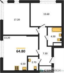 Планировка двухкомнатной(квартира) площадью 64.8 квадратных метров в ЖК “ЖК Переделкино Ближнее”