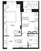 Планировка однокомнатной(квартира) площадью 44.1 квадратных метров в “ЖК Времена года”
