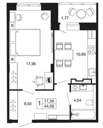 Планировка однокомнатной(квартира) площадью 44.1 квадратных метров в ЖК “ЖК Времена года”