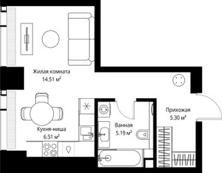 Планировка студии(квартира) площадью 31.51 квадратных метров в ЖК “ЖК Веер”