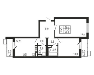 Планировка двухкомнатной(квартира) площадью 66.3 квадратных метров в ЖК “ЖК Пироговская Ривьера”