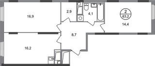 Планировка двухкомнатной(квартира) площадью 63.2 квадратных метров в “ЖК Переделкино Ближнее”