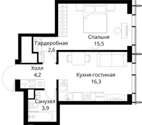 Планировка однокомнатной(квартира) площадью 42.5 квадратных метров в ЖК “ЖК Сити Бэй”