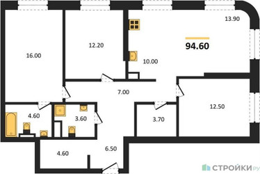 Планировка трехкомнатной(квартира) площадью 94.6 квадратных метров в “ЖК Sokolniki (Сокольники)”