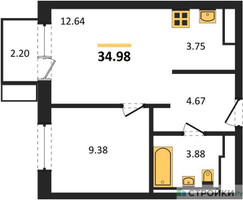 Планировка однокомнатной(квартира) площадью 34.98 квадратных метров в “ЖК Пятницкие луга”